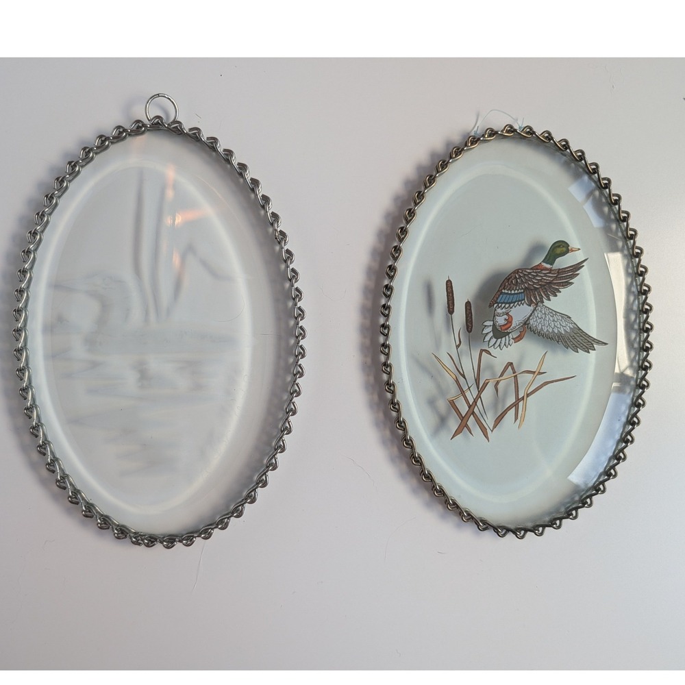Oval Glass Suncatchers Mallard Duck & Etched Loon Pair Window Decor 6" VTG Cabin